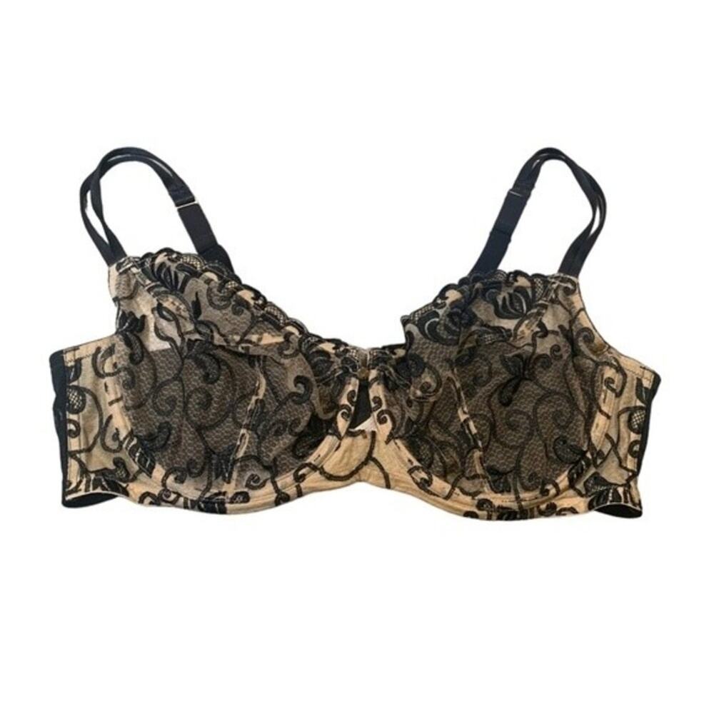 Cacique Lace Underwire Bra Tan Black Floral Sheer Size 44DD